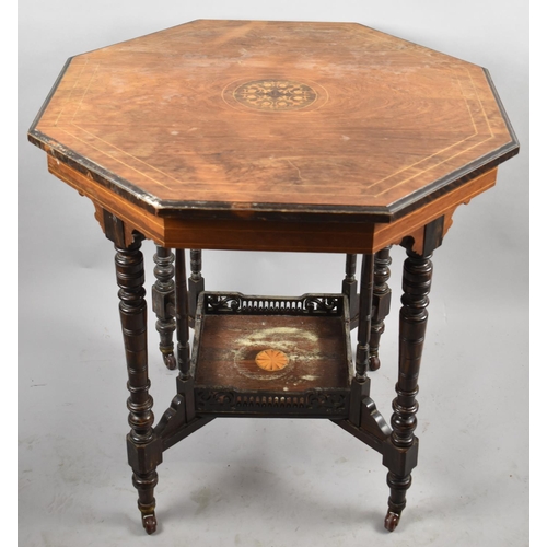 528 - An Edwardian String Inlaid Octagonal Rosewood Occasional Table with Galleried Stretcher Shelf