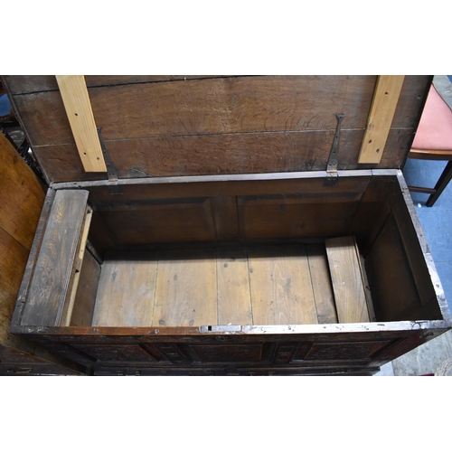 537 - A 19th century Oak Three Panelled Coffer Chest with Two Base Drawers, Later Carving, 119cm wide