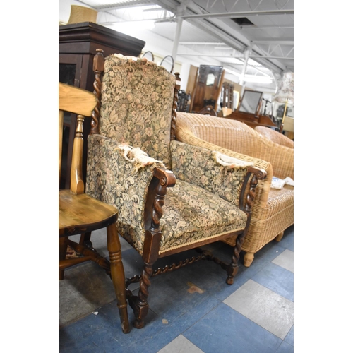 578 - An Edwardian Oak Framed Upholstered Armchair with Barley Twist Supports and Stretchers, For Reuphols... 