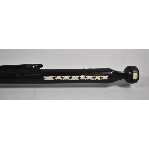 63 - An African Ebony Walking Cane with Mother of Pearl Inlay and Carved Entwined Snake, 79cm Long