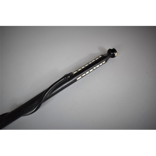 63 - An African Ebony Walking Cane with Mother of Pearl Inlay and Carved Entwined Snake, 79cm Long