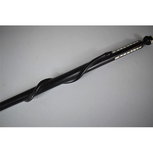 63 - An African Ebony Walking Cane with Mother of Pearl Inlay and Carved Entwined Snake, 79cm Long