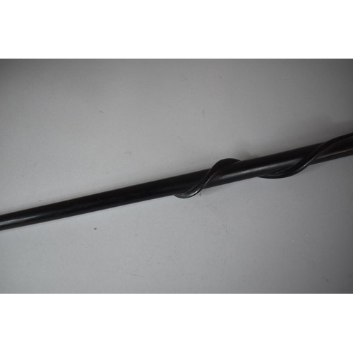 63 - An African Ebony Walking Cane with Mother of Pearl Inlay and Carved Entwined Snake, 79cm Long