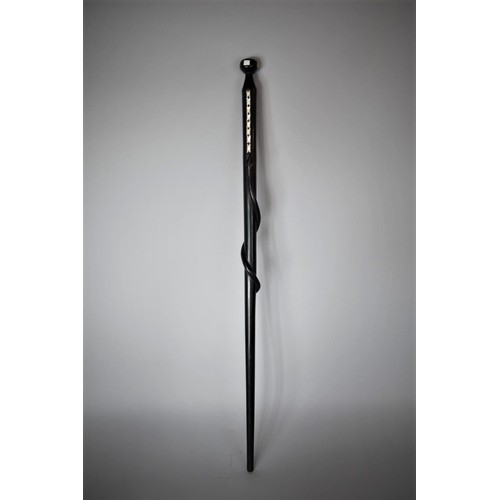 63 - An African Ebony Walking Cane with Mother of Pearl Inlay and Carved Entwined Snake, 79cm Long