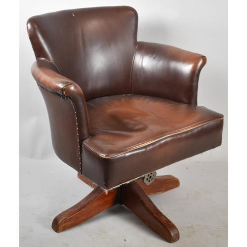 617 - A Mid 20th Century Leather Upholstered Swivel Office Tub Armchair, Missing Casters