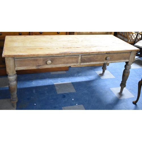 620 - A 19th Century Plank Top Two Drawer Scullery Table on Turned Supports, 180cm wide