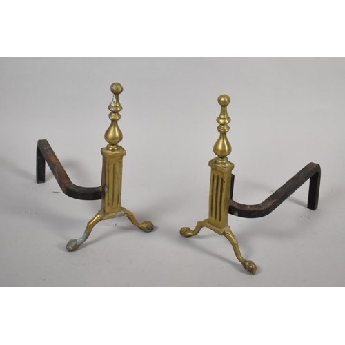 115 - A Pair of Brass and Iron Fire Dogs, Having Claw and Ball Feet Surmounted by Ribbed Column Supports a... 