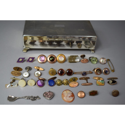 126 - A Silver Plated Aristocat Jewellery Box Containing Various Cufflinks, Studs, Cameo, Silver Salt Spoo... 