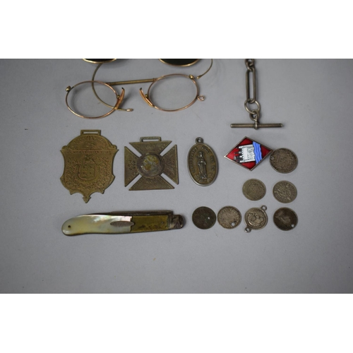 136 - A Silver Plated Circular Card Tray Together with Vintage Spectacles, Various Medallions for Queen Vi... 