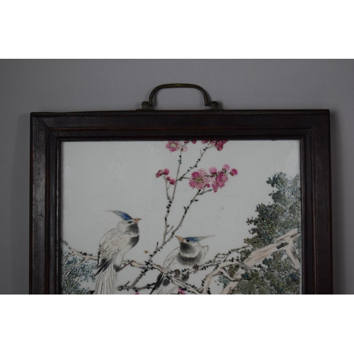 153 - A Chinese Republic Porcelain Plaque with Hand Painted Decoration Depicting Birds In Tree with Seal M... 