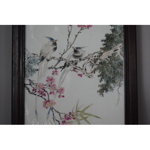 153 - A Chinese Republic Porcelain Plaque with Hand Painted Decoration Depicting Birds In Tree with Seal M... 