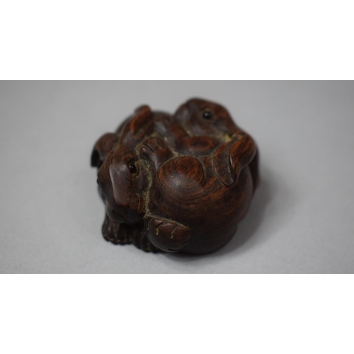 155 - A Carved Wooden Netsuke if the Form of Entwined Hares, With Inset Signed Disc to Base