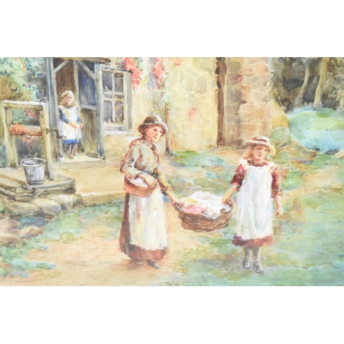 198 - A Florence Saltner Gilt Framed Watercolour Depicting Figures outside Thatched Cottage, 36x27cms