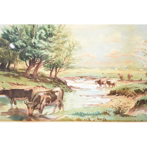 201 - A Framed Naive Watercolour depicting Cattle at River Bank, PEWF 1905, 56x25.5cms