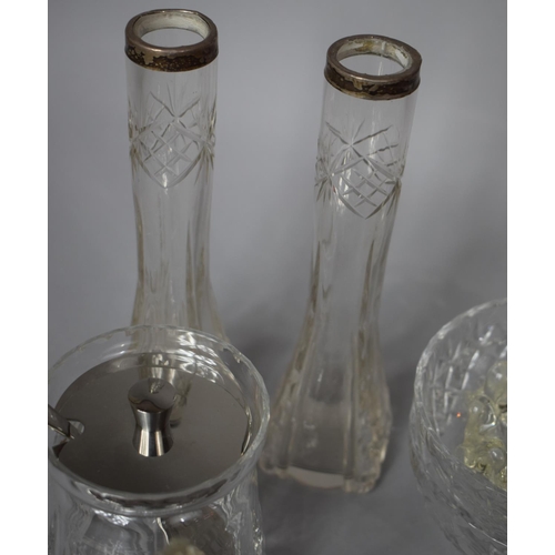 209 - A Collection of Various Glassware to include Two Silver Banded Posey Vases, Four Piece Cruet on Silv... 