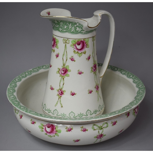 256 - An Edwardian Washbowl and Jug with Rose and Swag Transfer Printed Decoration