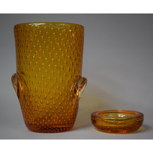 279 - A Large Amber Glass Two Handled Vase, Together with an Ashtray, Vase 25cms High