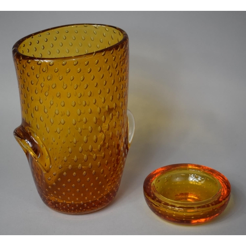 279 - A Large Amber Glass Two Handled Vase, Together with an Ashtray, Vase 25cms High