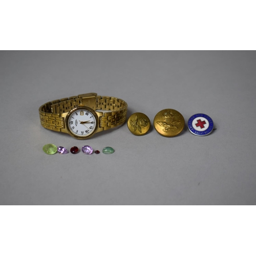 302 - A Ladies Rotary Wrist Watch and a Collection of Small Gemstones, Two Military Buttons and a Red Cros... 