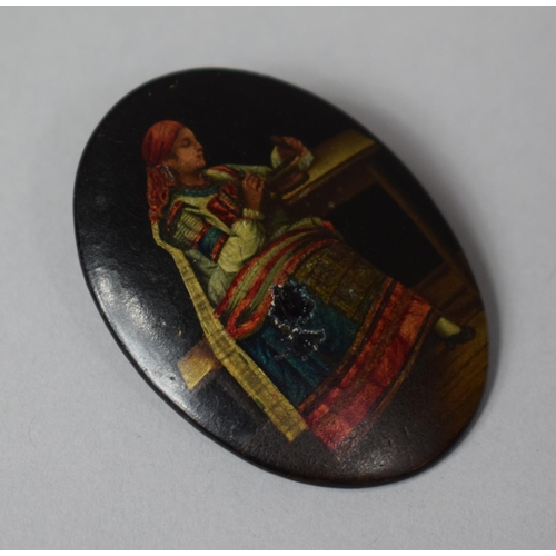 306 - A Late 19th Century Russian Hand Painted Papier Mache Brooch by Lukutin depicting Russian Lady in Tr... 