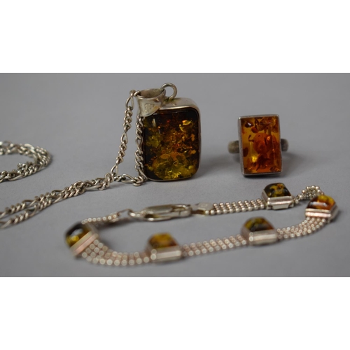 341 - Three Pieces of Silver Mounted Amber Jewellery including Italian Bracelet Etc, Largest Stone 2.5x2cm... 