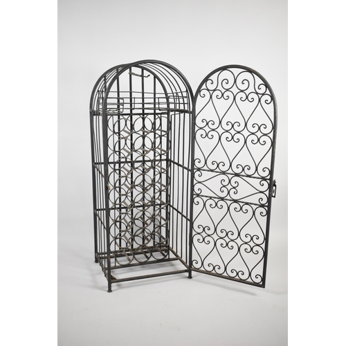 358 - A Wrought Iron 24 Bottle Wine Rack with Glass Storage Shelf and Hangers to Top, with Lockable Hinged... 