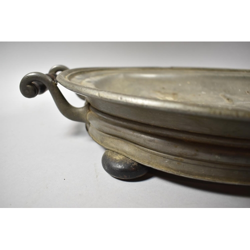 41 - Two James Dixon & Sons Pewter Meat Warming Dishes with Wooden Bun Feet and Turned Wooden Handles, La... 