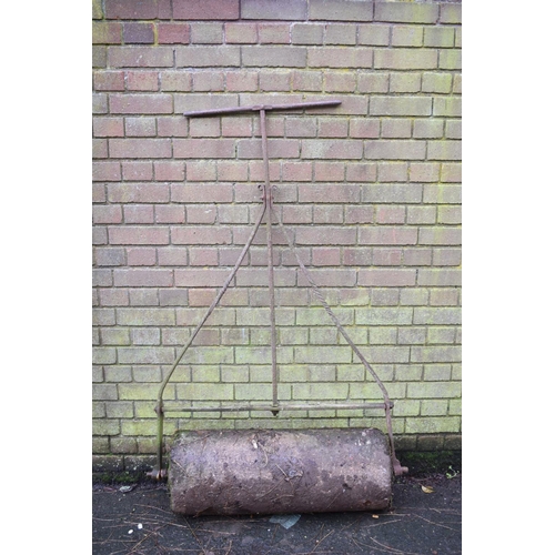 430 - A Wrought Iron Mounted Garden Roller, Stone 77cms Wide and Mount 140cms High