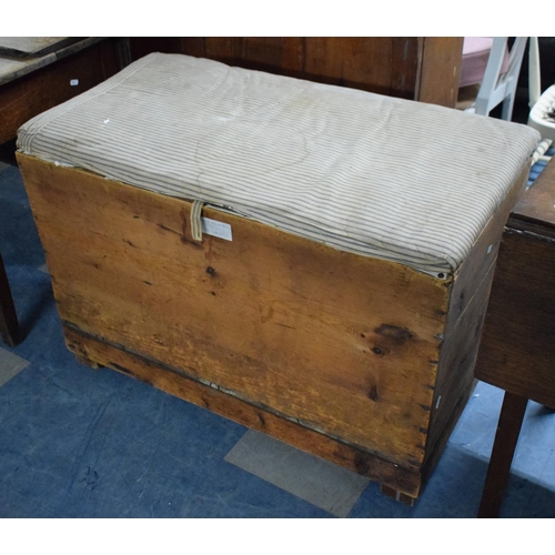 455 - A Vintage Pine Blanket Box (Upholstered Top Stained) 92x48x64cms with Hinged Lid