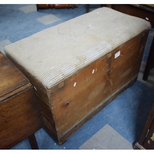 455 - A Vintage Pine Blanket Box (Upholstered Top Stained) 92x48x64cms with Hinged Lid