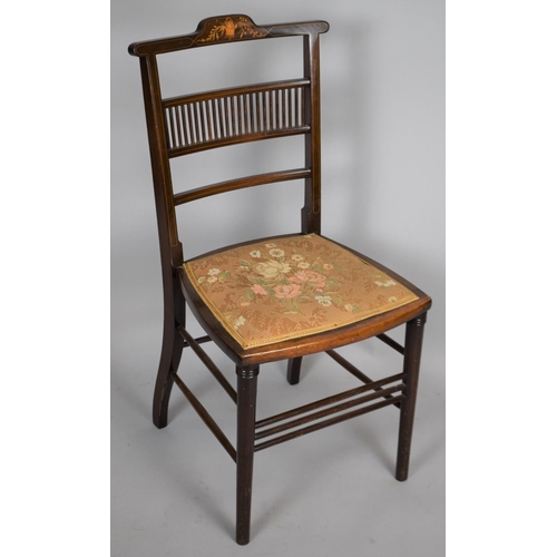 466 - A Pretty Edwardian Inlaid Side Chair with Top Stretcher Having Basket of Blowers Marquetry Decoratio... 