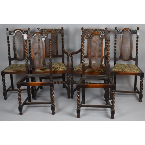 485 - A Set of Six Late Victorian Oak Dining Chairs in Charles II Style to Comprise Two Carvers, The Backs... 