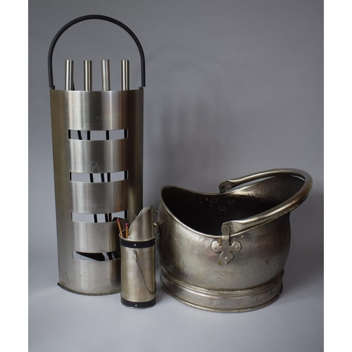 513 - A Modern Aluminum Fire Companion Set Together with a Novelty Spill Vase and a Helmet Shaped Coal Scu... 