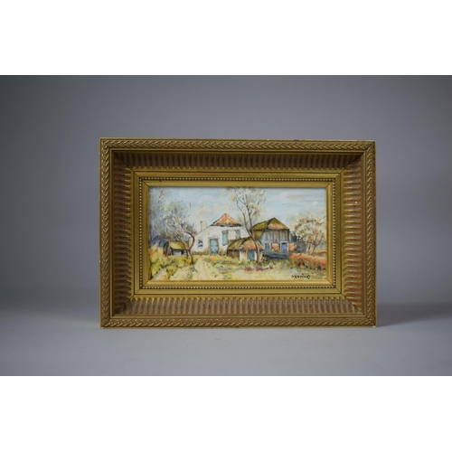 65 - A Continental Gilt Framed Oil on Board of Farm House, Signed, 32cms Wide