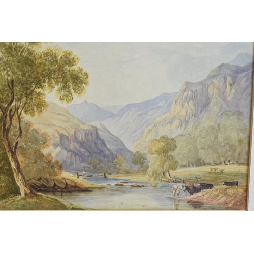 72 - A Gilt Framed Unsigned Watercolour Depicting Mountain and River Scene with Cattle, 20x30cms