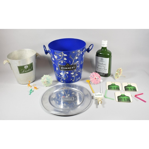 142 - Two Metal Champagne Buckets, Pommery Tray and Gordon's Gin Jug and Accessories