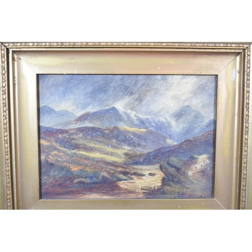 154 - A Pair of Gilt Framed Oils on Card Depicting 19th Century Scottish Mountain Scenes, Each 24x17cm