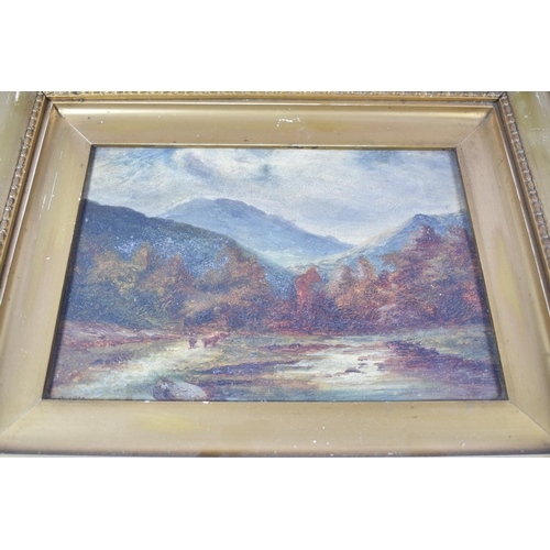 154 - A Pair of Gilt Framed Oils on Card Depicting 19th Century Scottish Mountain Scenes, Each 24x17cm