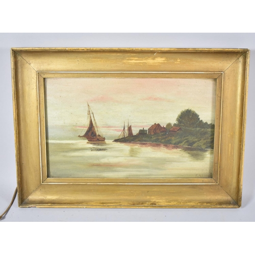 155 - A Gilt Framed Watercolour Depicting Sailing Barges at Sunset, 32x19.5cm