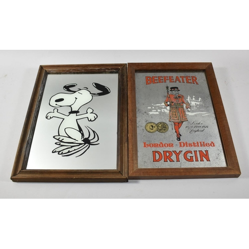 159 - Two Reproduction Mirrors, Beefeater Gin and Snoopy, Each 34cm high