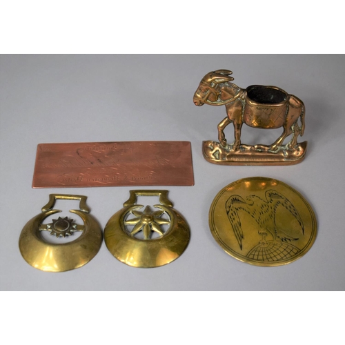 167 - A Collection of Copper and Brass to Include Donkey Match Holder, Two Horse Brass, Eagle Circular Mou... 