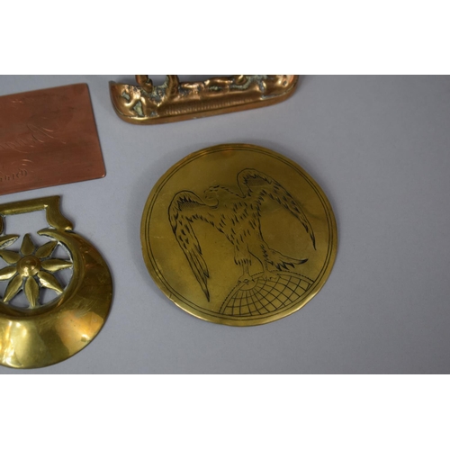 167 - A Collection of Copper and Brass to Include Donkey Match Holder, Two Horse Brass, Eagle Circular Mou... 