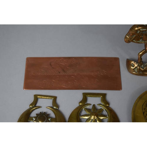 167 - A Collection of Copper and Brass to Include Donkey Match Holder, Two Horse Brass, Eagle Circular Mou... 