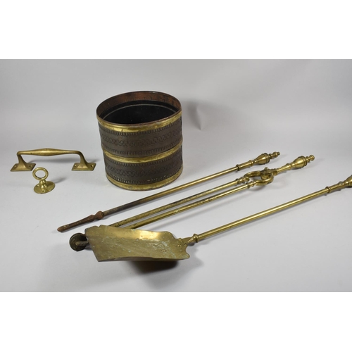 187 - A Set of Three Long Handled Brass Fire Irons, Cylindrical Bucket, Bronze Door Handle etc