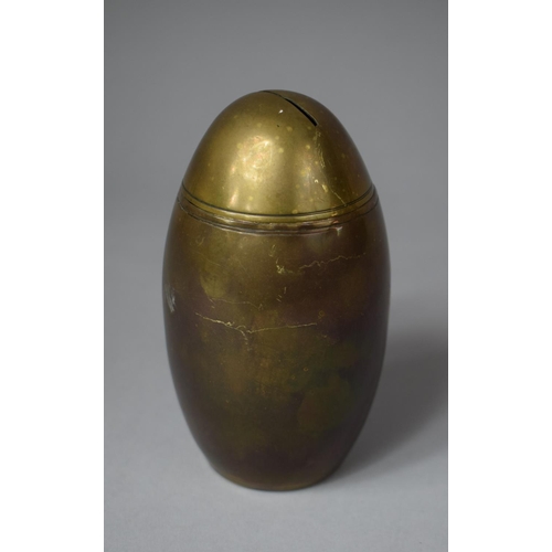 20 - A Brass Trench Art Style Ovoid Money Box with Removable Lid, 14cm High