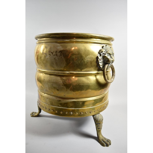 57 - A 20th Century Brass Cylindrical Coal Bucket with Lion Mask Ring Carrying Handles and Three Claw Fee... 