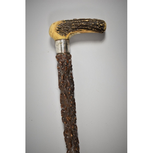 90 - A Bone Handled and White Metal Mounted Briar Walking Stick, 90cm Long