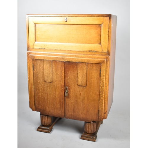 98 - An Oak Art Deco Fall Front Hall Bureau with Fitted Interior and Cupboard Base, 75cm Wide