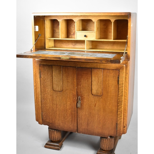 98 - An Oak Art Deco Fall Front Hall Bureau with Fitted Interior and Cupboard Base, 75cm Wide