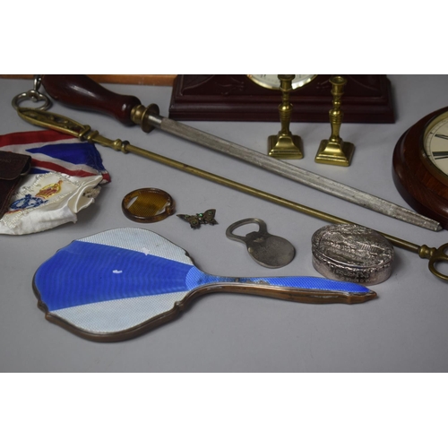 237 - A Collection of Sundries to Include Lacquered Tray, Clocks, Sharpening Steel, Toasting Fork etc